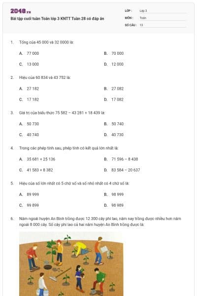 Bài tập cuối tuần Toán lớp 3 KNTT Tuần 28 có đáp án