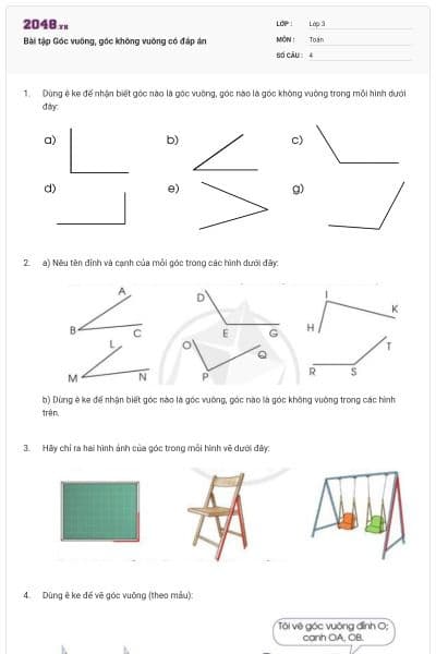 Bài tập Góc vuông, góc không vuông có đáp án