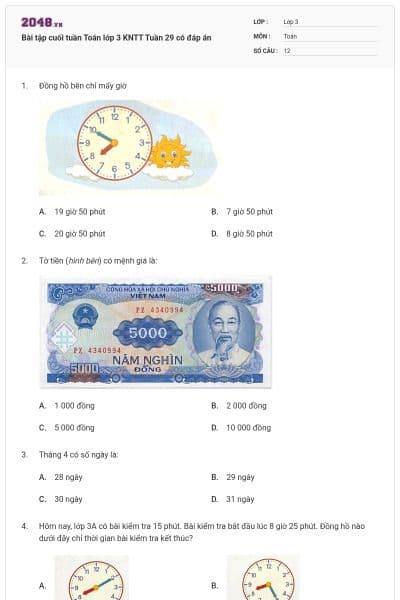 Bài tập cuối tuần Toán lớp 3 KNTT Tuần 29 có đáp án