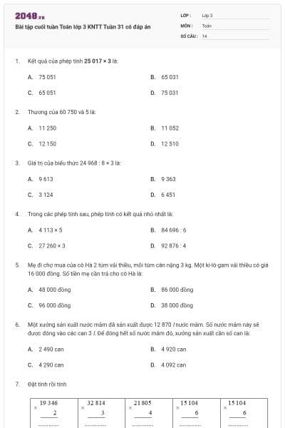 Bài tập cuối tuần Toán lớp 3 KNTT Tuần 31 có đáp án