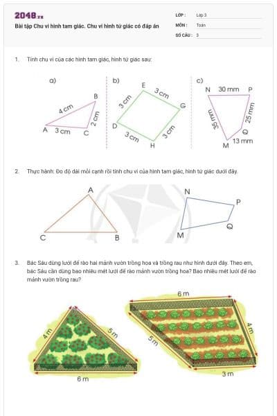 Bài tập Chu vi hình tam giác. Chu vi hình tứ giác có đáp án