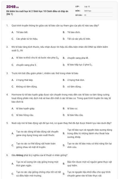 Đề kiểm tra cuối học kì 2 Sinh học 10 Cánh diều có đáp án (Đề 1)