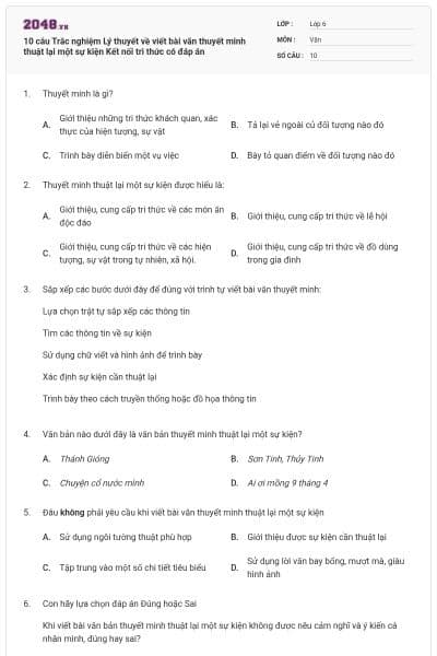 10 câu Trắc nghiệm Lý thuyết về viết bài văn thuyết minh thuật lại một sự kiện Kết nối tri thức có đáp án