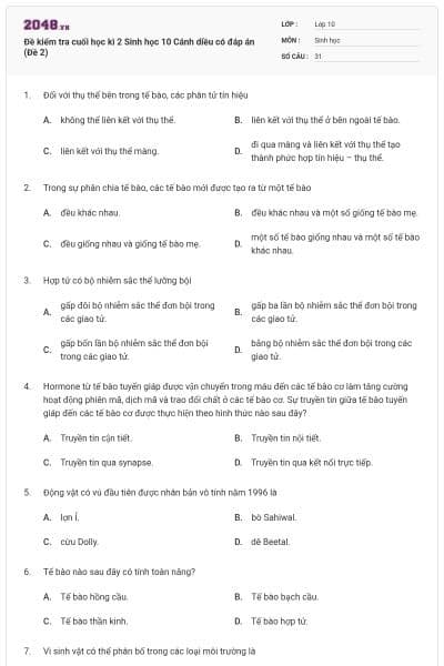 Đề kiểm tra cuối học kì 2 Sinh học 10 Cánh diều có đáp án (Đề 2)