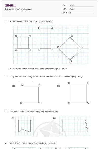 Bài tập Hình vuông có đáp án