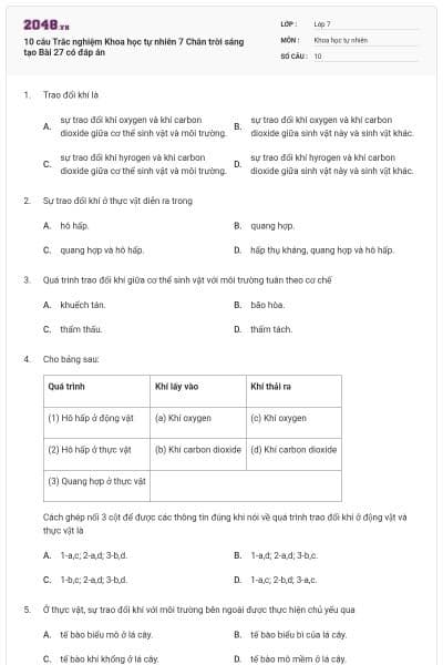 10 câu Trắc nghiệm Khoa học tự nhiên 7 Chân trời sáng tạo Bài 27 có đáp án