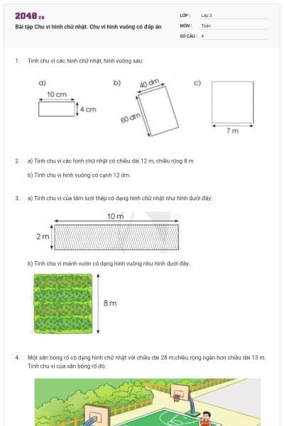 Bài tập Chu vi hình chữ nhật. Chu vi hình vuông có đáp án