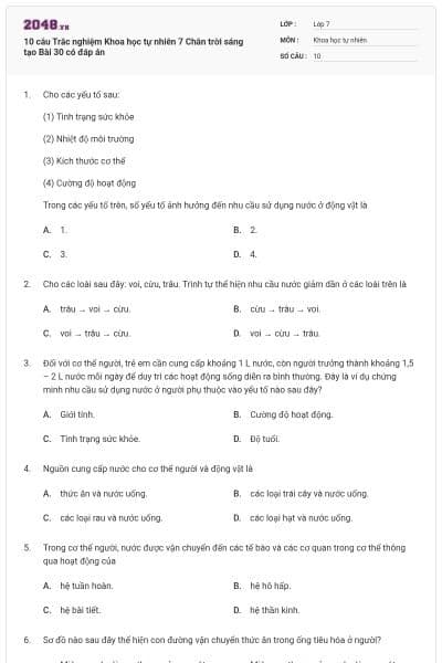 10 câu Trắc nghiệm Khoa học tự nhiên 7 Chân trời sáng tạo Bài 30 có đáp án