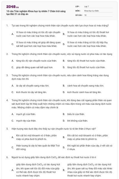 10 câu Trắc nghiệm Khoa học tự nhiên 7 Chân trời sáng tạo Bài 31 có đáp án