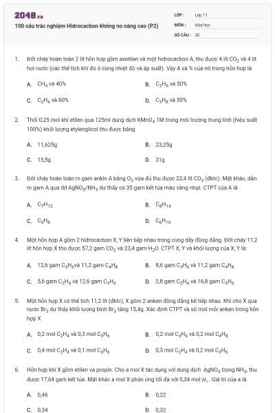 100 câu trắc nghiệm Hidrocacbon không no nâng cao (P2)