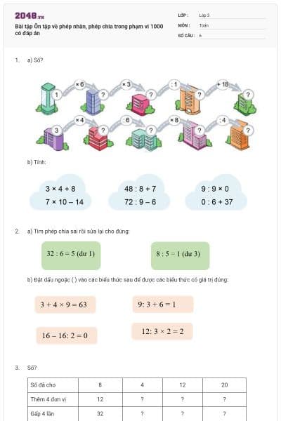Bài tập Ôn tập về phép nhân, phép chia trong phạm vi 1000 có đáp án