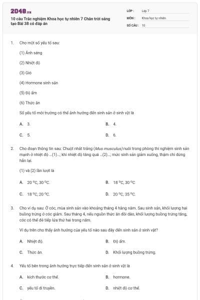 10 câu Trắc nghiệm Khoa học tự nhiên 7 Chân trời sáng tạo Bài 38 có đáp án