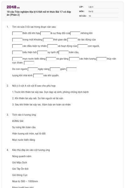 18 câu Trắc nghiệm Địa lý 6 Kết nối tri thức Bài 17 có đáp án (Phần 2)