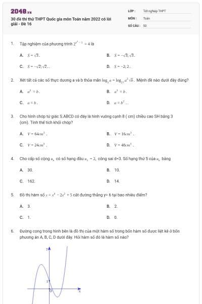 30 đề thi thử THPT Quốc gia môn Toán năm 2022 có lời giải - Đề 16