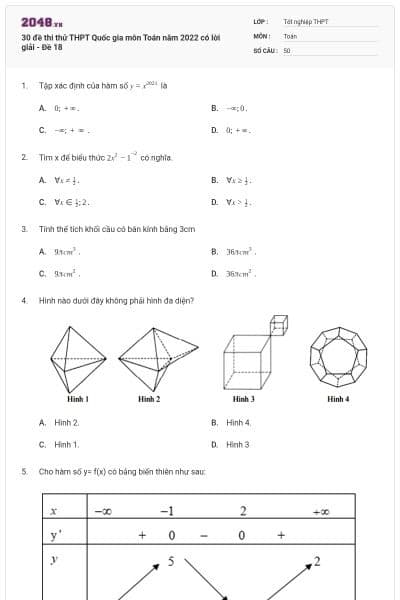30 đề thi thử THPT Quốc gia môn Toán năm 2022 có lời giải - Đề 18