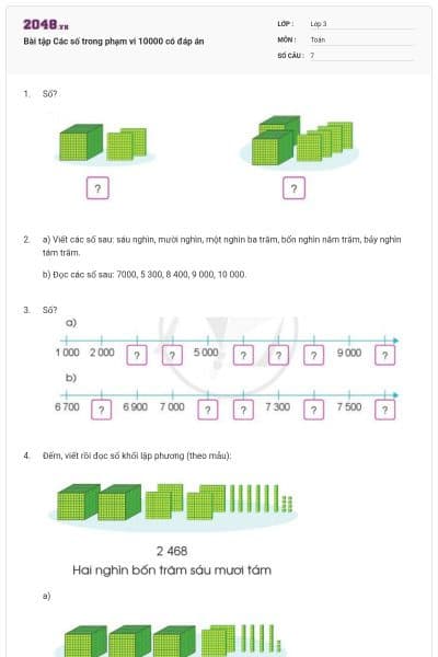 Bài tập Các số trong phạm vi 10000 có đáp án