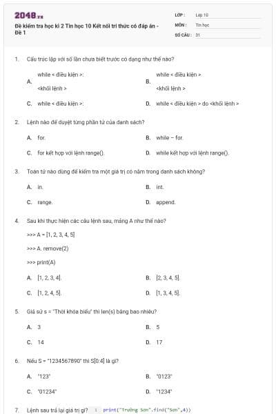Đề kiểm tra học kì 2 Tin học 10 Kết nối tri thức có đáp án - Đề 1