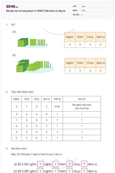 Bài tập Các số trong phạm vi 10000 (Tiếp theo) có đáp án
