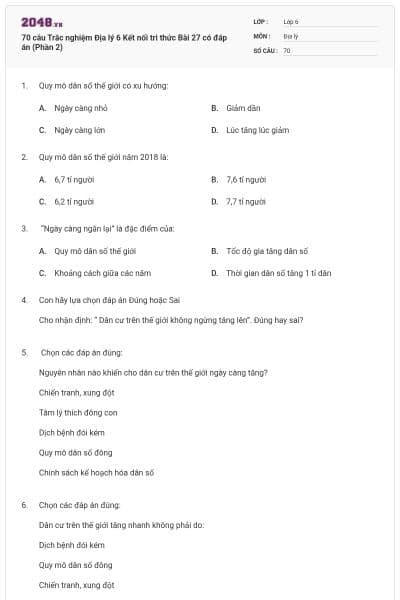 70 câu Trắc nghiệm Địa lý 6 Kết nối tri thức Bài 27 có đáp án (Phần 2)