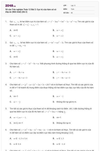 50 câu Trắc nghiệm Toán 12 Bài 2: Cực trị của hàm số có đáp án (Mới nhất) (Đề 2)