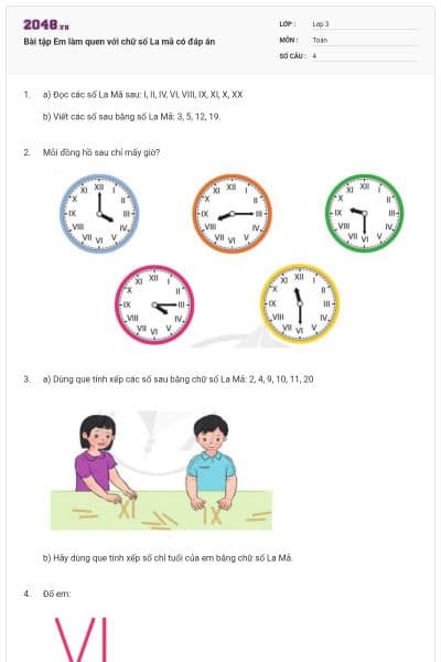Bài tập Em làm quen với chữ số La mã có đáp án