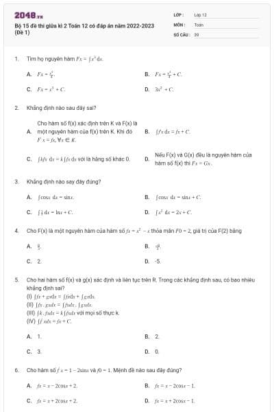 Bộ 15 đề thi giữa kì 2 Toán 12 có đáp án năm 2022-2023 (Đề 1)