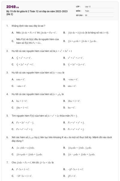 Bộ 15 đề thi giữa kì 2 Toán 12 có đáp án năm 2022-2023 (Đề 2)