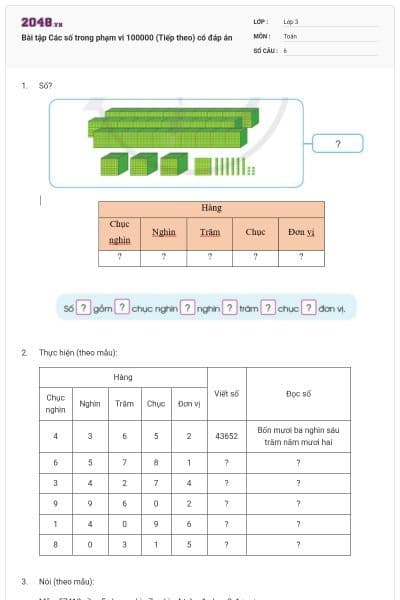 Bài tập Các số trong phạm vi 100000 (Tiếp theo) có đáp án