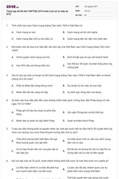 Tổng hợp đề thi thử THPTQG 2019 môn Lịch sử có đáp án (P2)