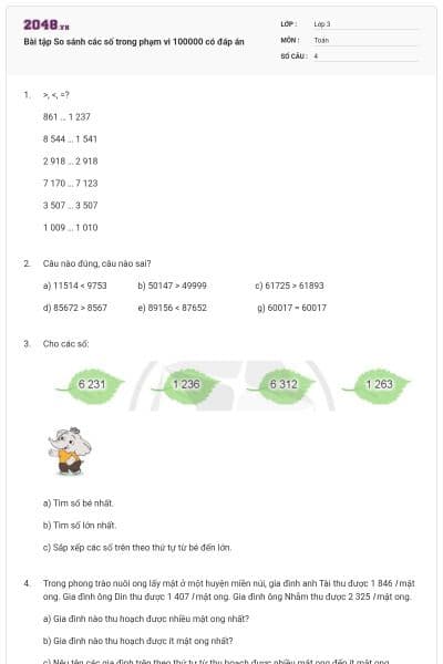 Bài tập So sánh các số trong phạm vi 100000 có đáp án