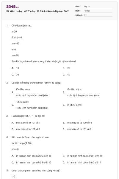 Đề kiểm tra học kì 2 Tin học 10 Cánh diều có đáp án - Đề 2