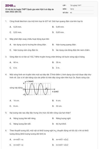 25 đề thi ôn luyện THPT Quốc gia môn Vật lí có đáp án năm 2022 (Đề 23)