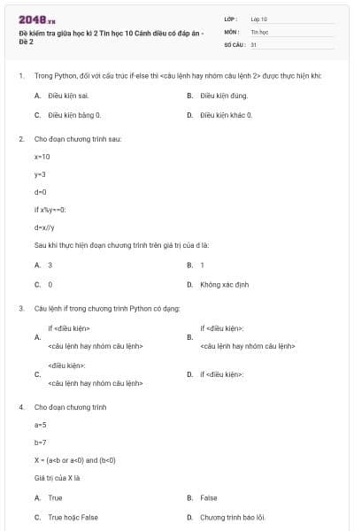 Đề kiểm tra giữa học kì 2 Tin học 10 Cánh diều có đáp án - Đề 2