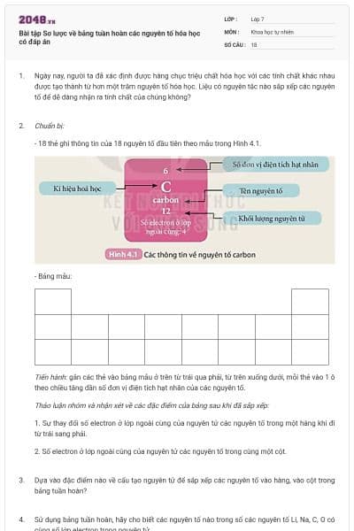 Bài tập Sơ lược về bảng tuần hoàn các nguyên tố hóa học có đáp án