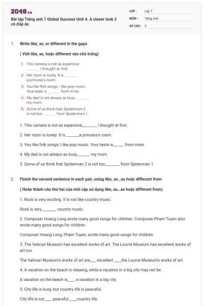 Bài tập Tiếng anh 7 Global Success Unit 4. A closer look 2 có đáp án