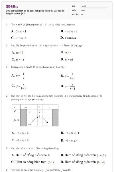 290 Bài tập Hàm số cơ bản, nâng cao từ đề thi Đại học có lời giải chi tiết (P2)
