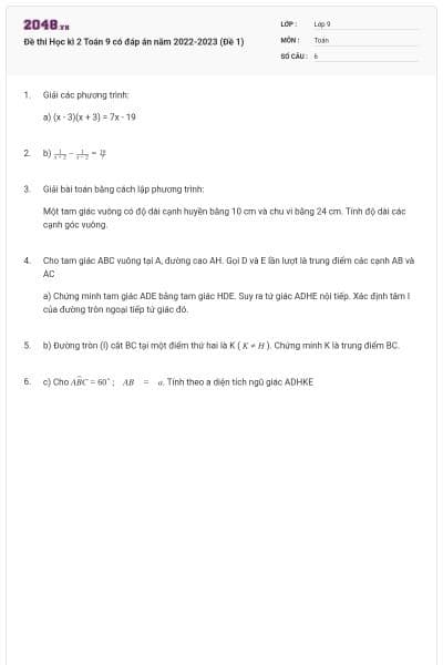 Đề thi Học kì 2 Toán 9 có đáp án năm 2022-2023 (Đề 1)