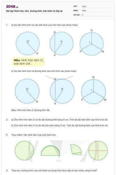 Bài tập Hình tròn, tâm, đường kính, bán kính có đáp án