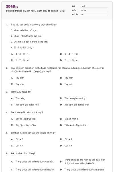 Đề kiểm tra học kì 2 Tin học 7 Cánh diều có đáp án - Đề 2