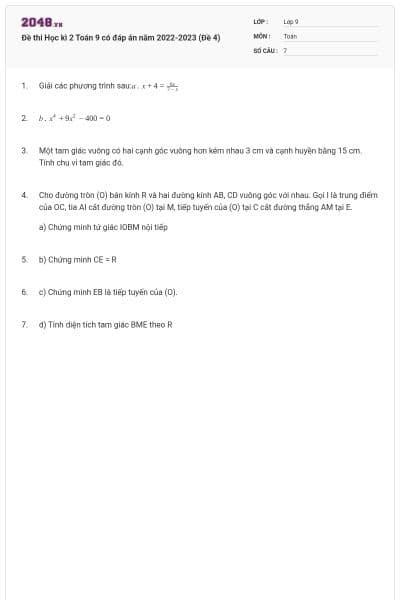 Đề thi Học kì 2 Toán 9 có đáp án năm 2022-2023 (Đề 4)