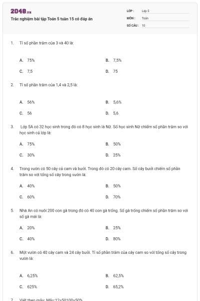 Trắc nghiệm bài tập Toán 5 tuần 15 có đáp án