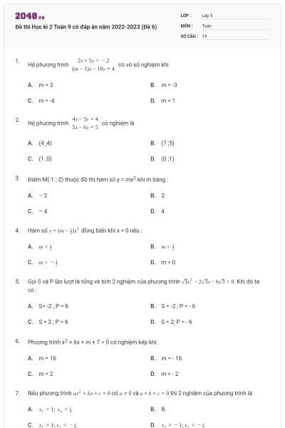 Đề thi Học kì 2 Toán 9 có đáp án năm 2022-2023 (Đề 6)
