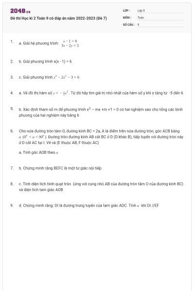 Đề thi Học kì 2 Toán 9 có đáp án năm 2022-2023 (Đề 7)