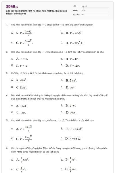 233 Bài trắc nghiệm Hình học Mặt nón, mặt trụ, mặt cầu có lời giải chi tiết (P3)