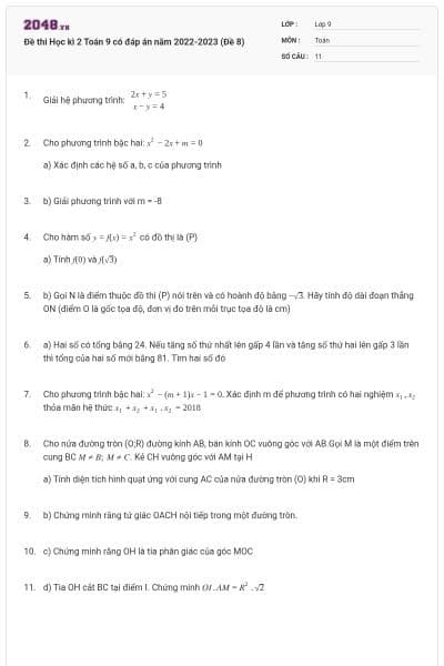Đề thi Học kì 2 Toán 9 có đáp án năm 2022-2023 (Đề 8)
