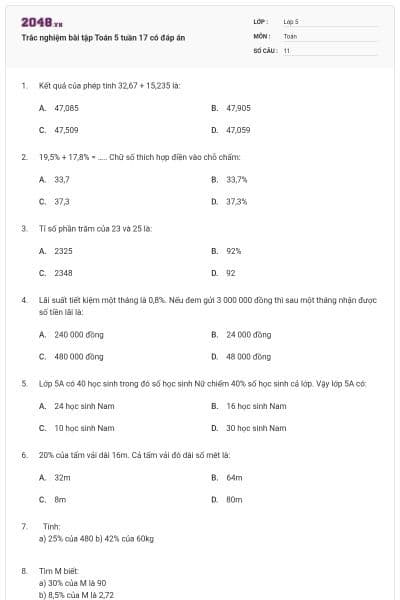 Trắc nghiệm bài tập Toán 5 tuần 17 có đáp án