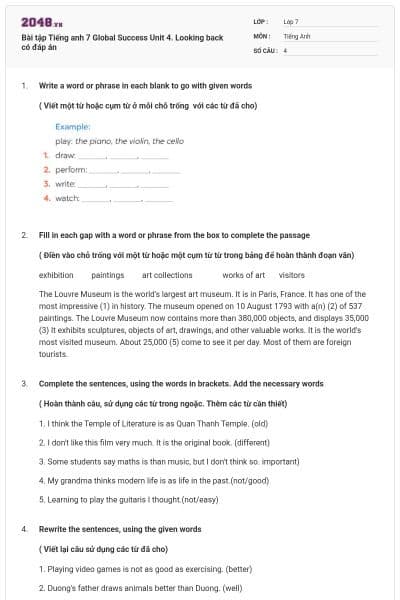 Bài tập Tiếng anh 7 Global Success Unit 4. Looking back có đáp án