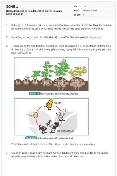 Bài tập Khái quát về trao đổi chất và chuyển hóa năng lượng có đáp án