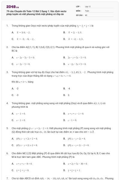 79 câu Chuyên đề Toán 12 Bài 2 Dạng 1: Xác định vectơ pháp tuyến và viết phương trình mặt phẳng có đáp án