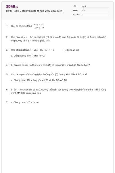 Đề thi Học kì 2 Toán 9 có đáp án năm 2022-2023 (Đề 9)